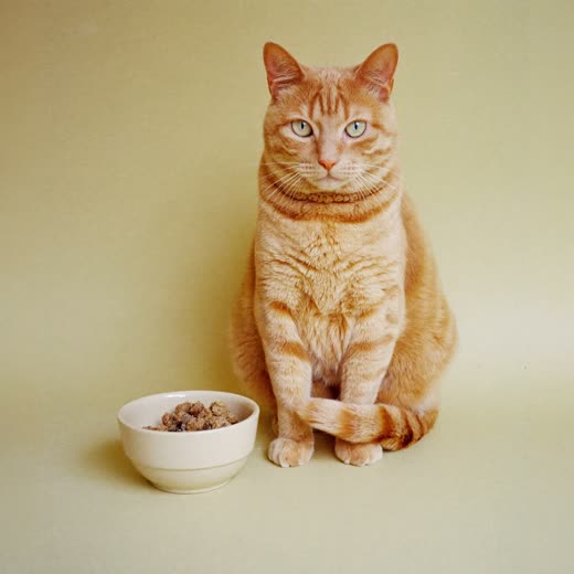 A ginger cat beside a plain food bowl
